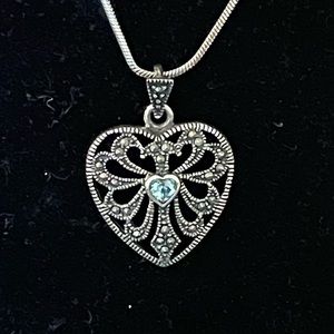 Sterling Heart Filagree Marcasite and Topaz Pendant and Chain